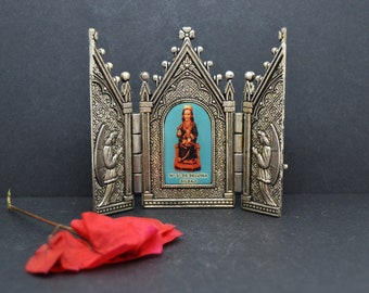 small metal vintage religious triptych,religious gift,saint triptych,religious item,travel icon,religious art,catholic,religios,beadwork