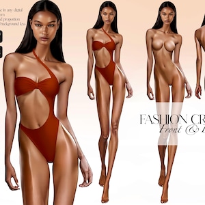 デジタルイラスト用のクロッキーテンプレート、女性ファッションフィギュア、リアル、前面と背面、2つのポーズ