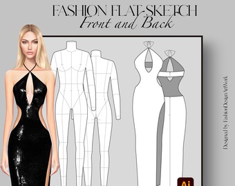 Halter Dress Vector Flat Technical Drawing Illustration Event Luxury Collection Mock-up Template Editable Mannequine Included