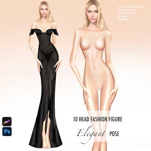 Croquis Template Women Fashion figure for digital illustration, realistic, front view, elegant pose