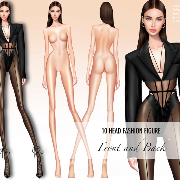 Croquis Template Women Fashion figure for digital illustration, realistic, front and back view, front and back pose