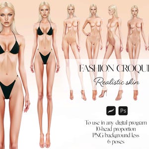 Puede incluir: Ilustraciones digitales de croquis de moda con tonos de piel realistas. La imagen muestra seis poses, incluyendo vistas frontal, lateral y trasera. El texto indica que los croquis son para programas digitales, con una proporción de 10 cabezas y fondo PNG. Una mujer lleva un bikini negro.
