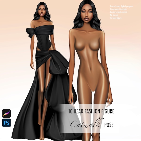 Croquis Template Women Fashion figure for digital illustration, realistic, front view, catwalk pose, black skin