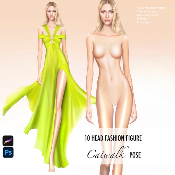 Croquis Template Women Fashion figure for digital illustration, realistic, front view, catwalk pose