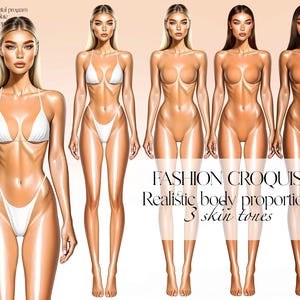デジタル イラストレーション用のクロッキー テンプレート女性ファッション図、現実的、正面図、正面ポーズ