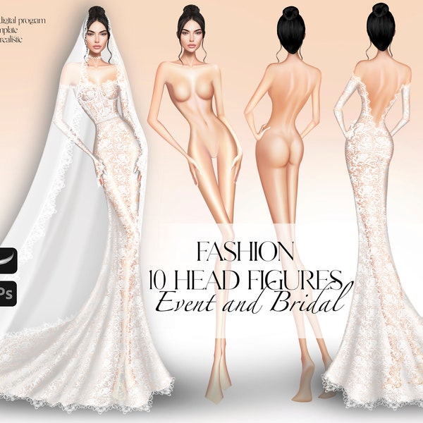 Croquis Template Women Fashion figure for digital illustration, realistic, front and back view, events and bridal/wedding