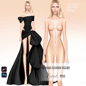 デジタル イラストレーション用のクロッキー テンプレート女性ファッション図、現実的、正面図、正面ポーズ