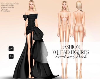 Croquis Template Women Fashion figure for digital illustration, realistic, front and back view, front and back pose