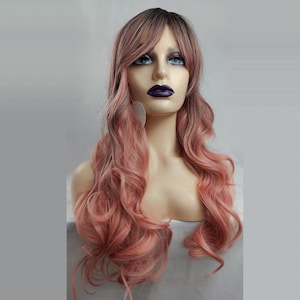 22 Inch Pink Ombre Wavy Wig-Long Layered Synthetic Hair with Dark Roots & Gradient Ends-Voluminous Party/Cosplay Wig