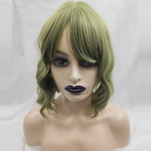 Wigs Short green curly Wig with Dark Roots Heat Resistant, rooted wig, Lace Natural Hair wig, shoulder length green wig about 11 inches