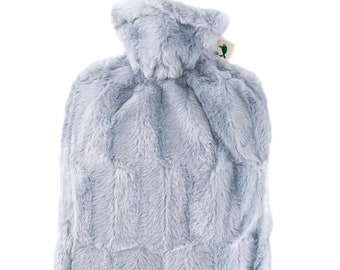 Hot Water Bottle with Cover, Faux Fur, Grey-Blue, Natural Pain Relief Period Pain, Cold Hands and Feet Warm Up Bed Warmer, Made in Germany