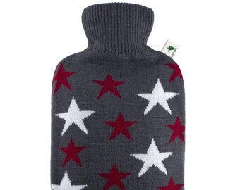 Hot Water Bottle with Cover Knit Grey with Stars, Natural Pain Relief Period Cramps Cold Hands and Feet Warm Up Bed Warmer, Made in Germany