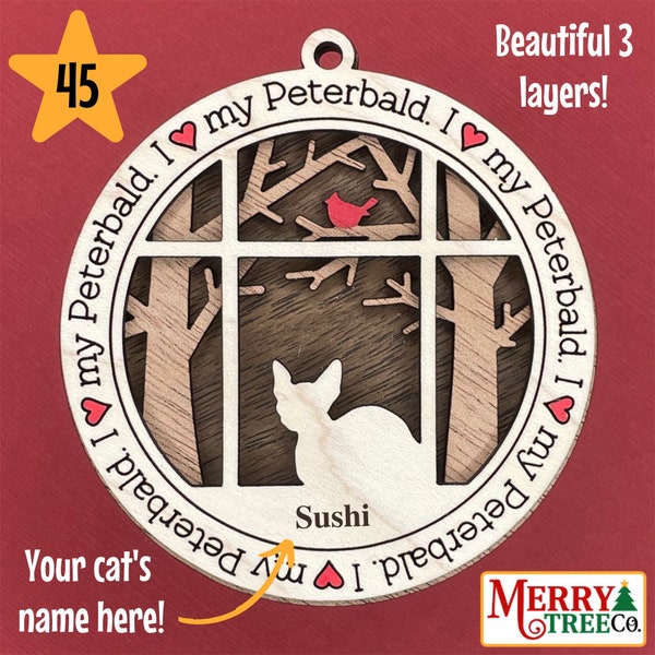 45 - Peterbald Cat Christmas Ornament with name, Cat personalized gift, 3 Layer Wooden Customizable Cat Ornament for Tree