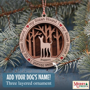 112 -  Ibizan Hound Dog Personalized Gift, Dog Ornament with name, 3 Layer Wooden Dog Ornament for Christmas Tree
