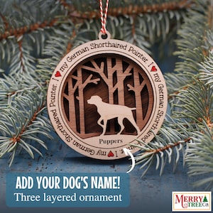 99 - Duitse kortharige pointer hond gepersonaliseerd cadeau, hond ornament met naam, 3 laag houten hond ornament voor kerstboom