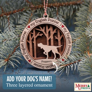 87 -  English Pointer Dog Personalized Gift, Dog Ornament with name, 3 Layer Wooden Dog Ornament for Christmas Tree