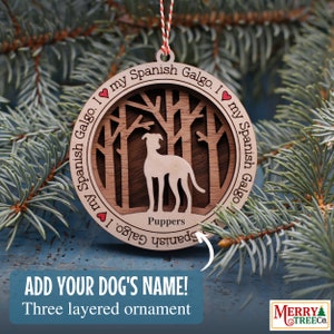 193 - Cadeau personnalisé pour chien galgo espagnol, ornement de chien avec nom, ornement de chien en bois à 3 couches pour arbre de Noël