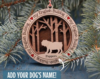 83,84 - Regalo personalizzato per cani Bulldog inglesi, ornamento per cani con nome, ornamento per cani personalizzabile in legno a 3 strati per albero di Natale