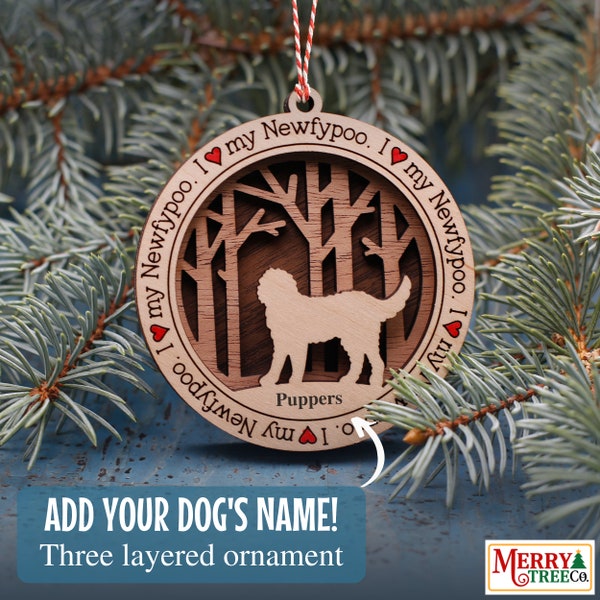 145 - Newfypoo Dog Personalized Gift, Dog Ornament with name, 3 Layer Wooden Dog Ornament for Christmas Tree