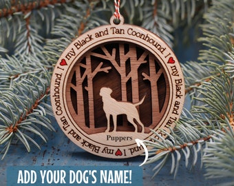 30 - Black and Tan Coonhound Dog Personalized Gift, Dog Ornament with name, 3 Layer Wooden Customizable Dog Ornament for Christmas Tree