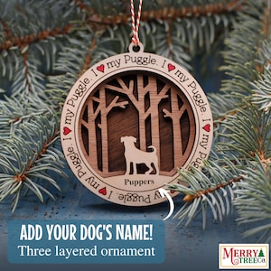 160 - Puggle Dog Personalized Gift, Dog Ornament with name, 3 Layer Wooden Dog Ornament for Christmas Tree