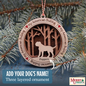 6 - Amerikanische Bulldogge Hund personalisiertes Geschenk, Amerikanische Bulldogge Hund Ornament mit Namen, 3-Lagig Holz personalisierter Hundeschmuck für Baum