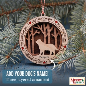 124 - Regalo personalizzato per cani Leonberger, ornamento per cani con nome, ornamento per cani in legno a 3 strati per albero di Natale