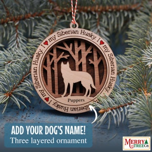 189 -  Siberian Husky Dog Personalized Gift, Dog Ornament with name, 3 Layer Wooden Dog Ornament for Christmas Tree