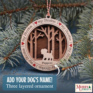 188 - Shorkie Dog Regalo personalizado, adorno de perro con nombre, adorno de perro de madera de 3 capas para el árbol de Navidad