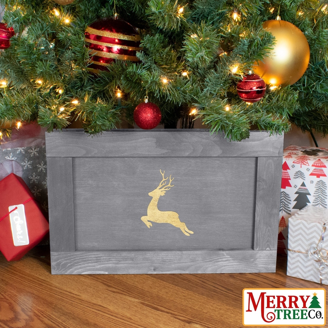 Christmas Tree Box Skirt Wooden Tree Stand With Reindeer Etsy Canada