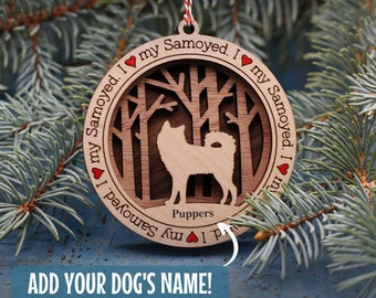 172 - Samojeed Hond Gepersonaliseerd Cadeau, Hond Ornament met naam, 3 Laag Houten Hond Ornament voor Kerstboom