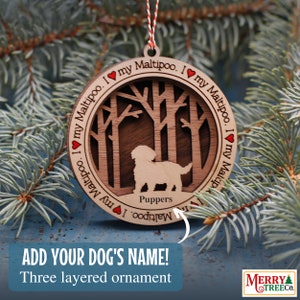 131 - Maltipoo Dog Personalized Gift, Dog Ornament with name, 3 Layer Wooden Dog Ornament for Christmas Tree