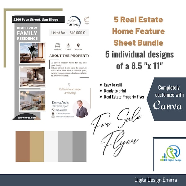 Real Estate Print Flyer | Real Estate Property Flyer | Canva Realtor Template| Gray Real Estate Template | Beige Real Estate Template Canva