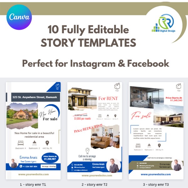 10 Real Estate Instagram Stories Canva Template. Realtor Modern Stories. Realtor Stories. Blue Instagram Canva Stories. Realtor Templates
