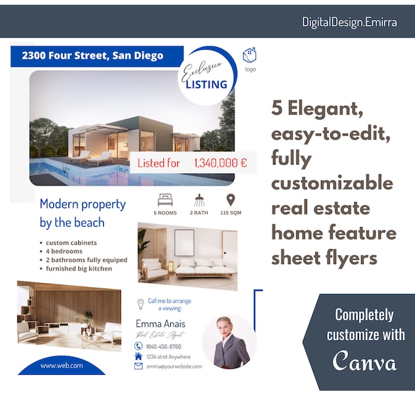 Blue Real Estate Home Feature Sheet | Real Estate Blue Print Flyer | Real Estate Property Flyer,Canva Realtor Template,Canva Ready to print