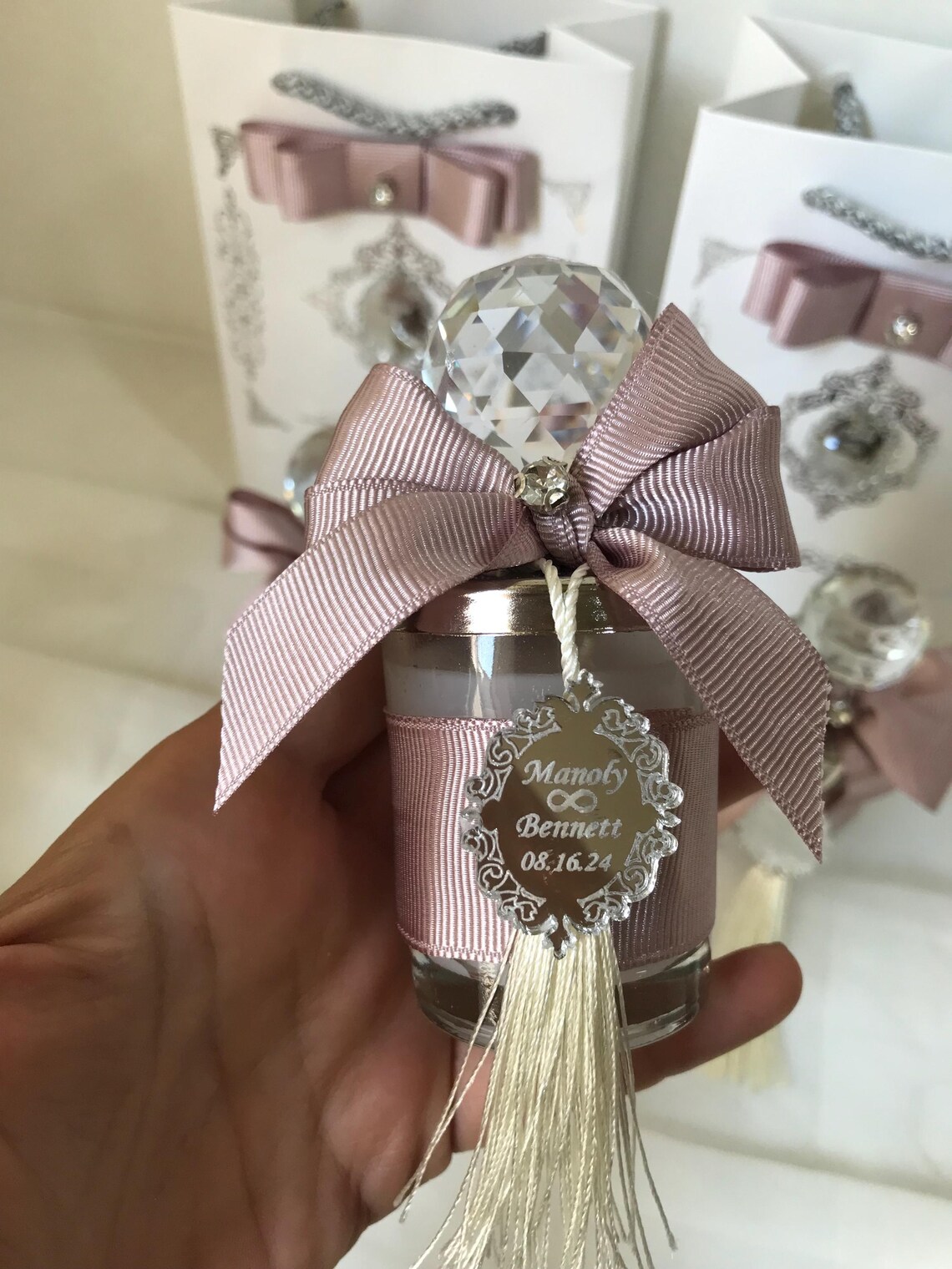 Personalized Wedding Favor Candle | Crystal Lid, Ribbon & Tag - Etsy
