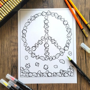 Fall Leaves Coloring Page, Coloring Page for Adults, Fall Leaves Peace Sign Coloring Page, Printable Instant Download