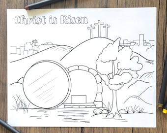 Christ is Risen Easter Coloring Page, Adult Coloring Page, Instant Download