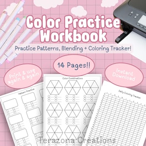 Coloring Practice Workbook | 14 Page PDF | Practice Patterns, Blending & Color Combinations PLUS 120 Swatch Card Included