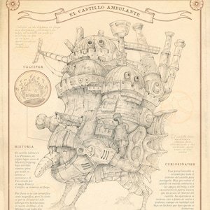 Ilustración a lápiz, grafito y acuarela del mágico castillo del mago Howl. Perteneciente al libro El Castillo Ambulante.