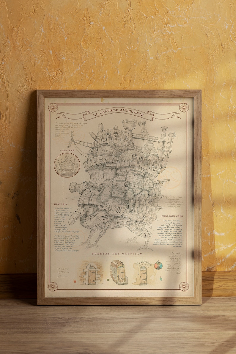 May include: A vintage-style poster with a detailed illustration of a walking castle, titled "El Castillo Ambulante." The poster includes text in Spanish describing the castle's history, features, and curiosities.