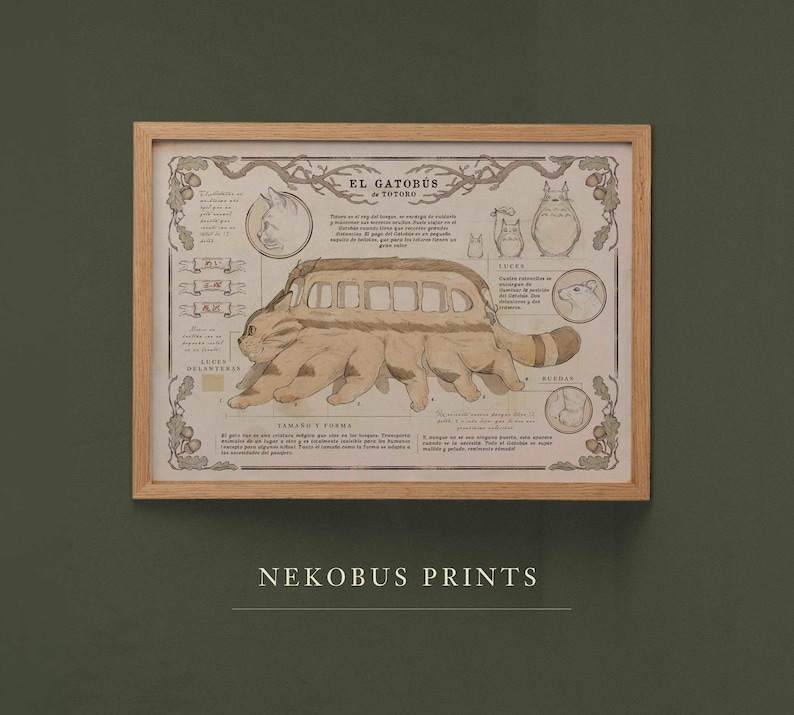 May include: A vintage-style illustrated poster featuring the Catbus from the animated film My Neighbor Totoro. The poster is in Spanish and includes details about the Catbus, such as its size, shape, and features. The poster is framed in a light wood frame.