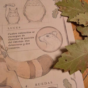 May include: A close-up of a page from a children's book about a fictional creature called the "Gatob&uacute;s". The page features illustrations of the creature, a mouse, and text that reads "LUCES Cuatro ratoncitos se encargan de iluminar la posici&oacute;n del Gatob&uacute;s. Dos delanteros y dos traseros."