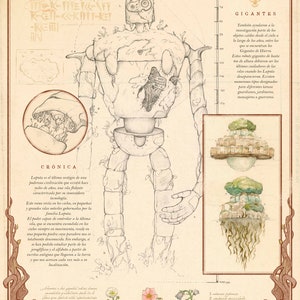 Ilustración a lápiz, grafito y acuarela de uno de los guardianes de la isla perdida de Laputa.