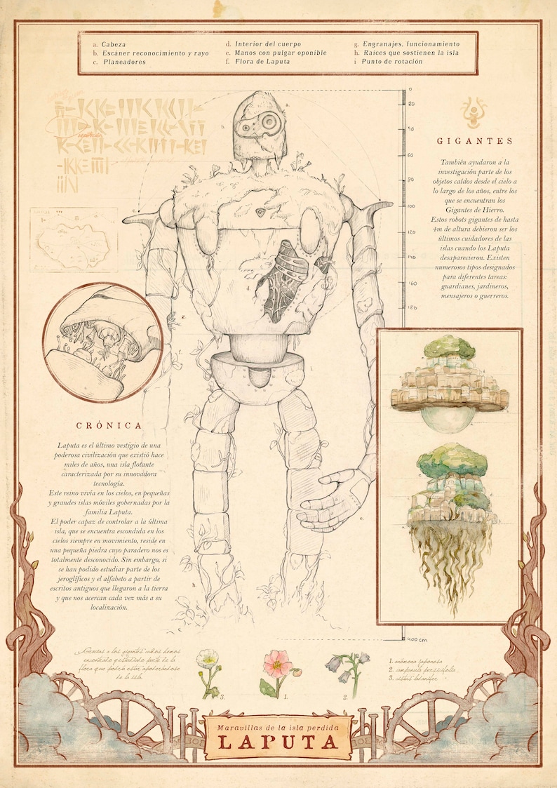Ilustración a lápiz, grafito y acuarela de uno de los guardianes de la isla perdida de Laputa.