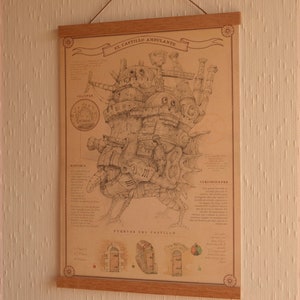 May include: A vintage-style poster with a detailed illustration of a steampunk-inspired flying machine called "El Castillo Ambulante." The poster includes text in Spanish describing the history and features of the machine.