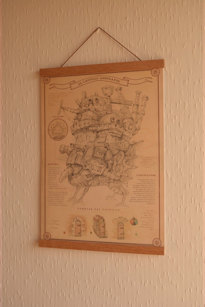 May include: A vintage-style poster with a detailed illustration of a steampunk-inspired flying machine called "El Castillo Ambulante." The poster includes text in Spanish describing the history and features of the machine.