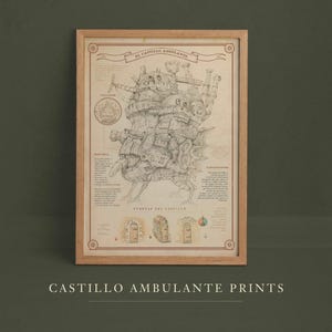May include: A vintage-style print of the moving castle from the movie Howl's Moving Castle. The print is in black and white with a beige background and features the text "El Castillo Ambulante" in a decorative font.