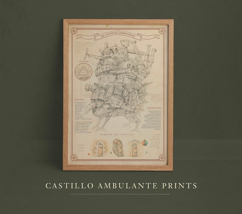 May include: A vintage-style print of the moving castle from the movie Howl's Moving Castle. The print is in black and white with a beige background and features the text "El Castillo Ambulante" in a decorative font.