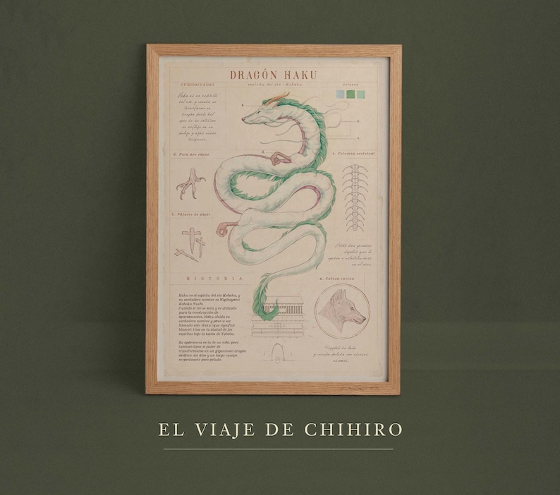 May include: Framed print featuring a detailed illustration of a dragon, labeled "DRAGON HAKU" in the top center. The dragon is depicted in green and white, with anatomical diagrams and text in Spanish. The phrase "EL VIAJE DE CHIHIRO" is at the bottom.